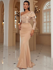 Formal One Shoulder Knit Apricot Dress