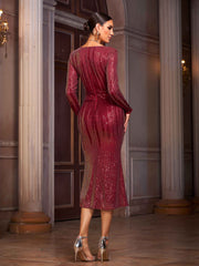 Elegant Deep V-Neck Long Sleeve Ruched Burgundy Sequin Bodycon Midi Dress