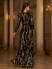 Maxi Sequin Formal Dress With Belt Bow Tie