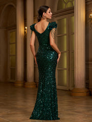 Green Sequin Short Sleeve Ruffled Cocktail Dress