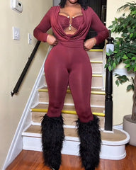 Draped Neck Slimming Long-Sleeved Jumpsuit