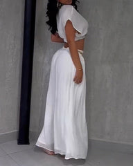 Casual Lapel Cropped Top Wide Leg Pants 2-Piece Set