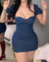 Puff Sleeve Denim Bodycon Dress