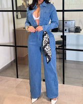 Long-Sleeved Wide-Leg Denim Jumpsuit