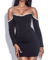 Rhinestone Trim Off-Shoulder Slim Fit Mini Dress
