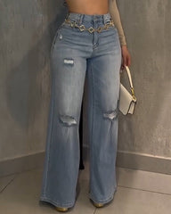 High-Stretch Ripped Wide-Leg Jeans