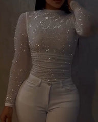 Mesh Long-Sleeved Rhinestone Top
