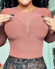Sheer Mesh Long Sleeve Slimming Thong Bodysuit