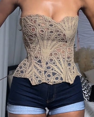 Irregular Lace Back Tie Hollow Corest Top