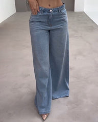 High-Rised Sparkling Rhinestones Wide-Leg Jeans