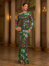 Green Floral Sequin Long Sleeve Prom Dress