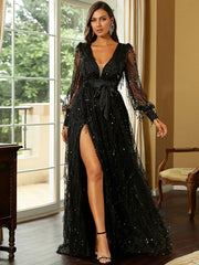 Sequin Fringed Bowknot Prom Dress