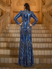 Blue Sequin Graphic Long Sleeve Prom Dress