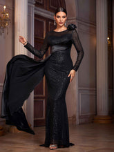 Black Floral Long Sleeve Draped Prom Dress
