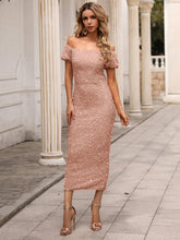 Off Shoulder Glitter Midi Cocktail Dress
