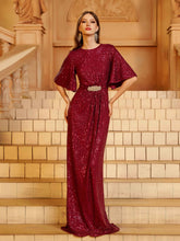 Short Sleeve Sequin Embroidered Prom Dress