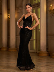 Black Butterfly Backless Sequin Cocktail Dress