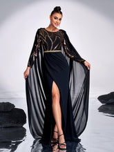 Black Panel Backless Mesh Cape Prom Dress