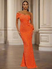 Ruffled Sequin One Shoulder Mermaid Dress