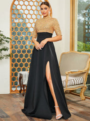 Stand Collar Panel A-Line Pleated Split Prom Dress