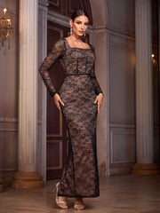 Square Neck Long Sleeve Lace Slit Formal Dress