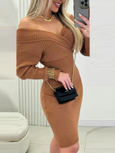 V Neck Off The Shoulder Long Sleeved Knitted Slim Fit Dress