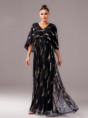 V-neck Loose Cape Sleeve Prom Chiffon Dress