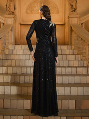 Black Leaf Sequin Long Sleeve Prom Dress