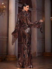 Elegant Turtleneck Padded Shoulder Trumpet Sleeve Sequin Evening Dress