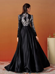 Stand Collar Fold Satin Sequin Dress