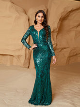 Long Sleeve Graphic Sequin Prom Dress