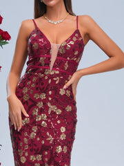 Spaghetti Straps Red Floral Sequin Dress