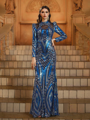 Blue Sequin Graphic Long Sleeve Prom Dress