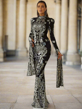 Stand Collar Long Sleeve Mermaid Sequin Prom Dress