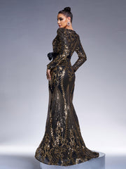 Black Long Sleeve Sequined V-neck Dress
