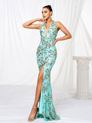 Halter Backless Floral Sequin Prom Dress