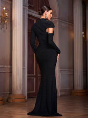Sexy Round Neck Cut out Black Wrap Mermaid Evening Dress