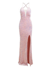 V Neck Open Back Sequin Maxi Formal Dress