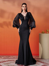 Black Embroidery Floor Length Puff Sleeve Dress