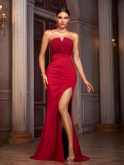 Red Strapless Sexy Backless Slit Prom Dress
