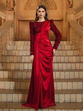 Red Panel Split Ruched Long Sleeve Prom Dress