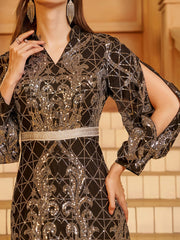 Black Sequin V-neck Cutout Tribal Abayas