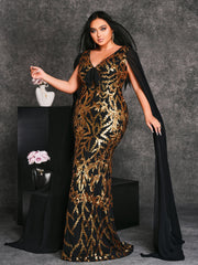 Plus V-neck Cape Sleeve Formal Dress