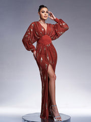 Elegant Lantern Sleeve Sequin Prom Dress