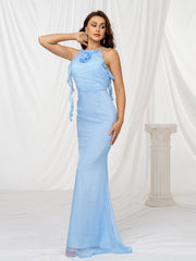Halter Appliqued Mermaid Blue Tulle Dress