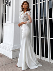 Elegant Long Sleeve Embroidered Applique Mermaid Evening Gown