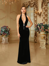 Deep V-Neck Halter Velvet Black Evening Dress