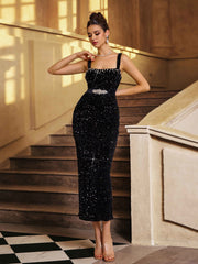 Black Sequin Beads Sheath Cocktail Dress SL30179