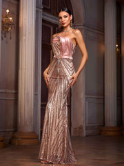 Strapless Colorblock Mermaid Sequin Formal Dress With Belt