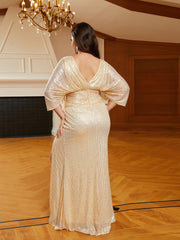 Plus Size V-neck High Split Sequin Gold Prom Dress